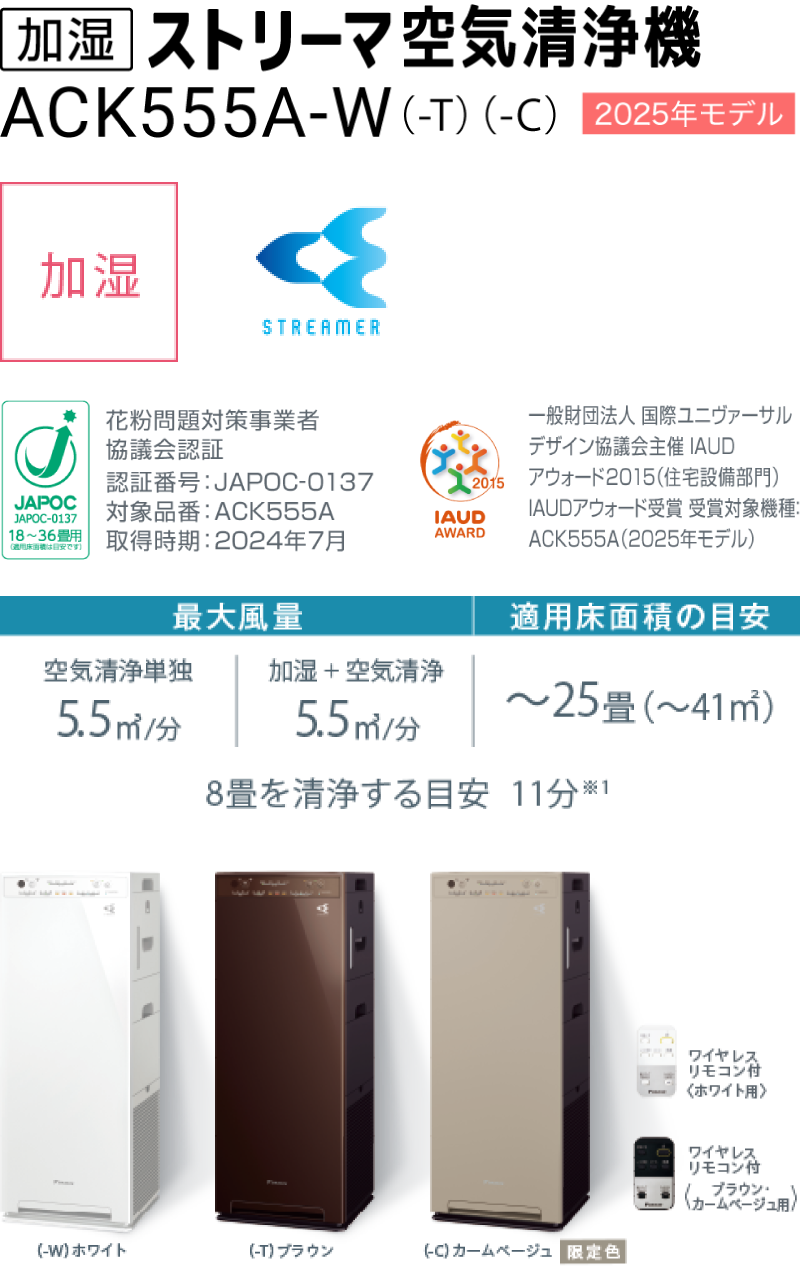 加湿ストリーマ空気清浄機 ACK555A（-W）（-T）（-C）、加湿・Twin Streamer